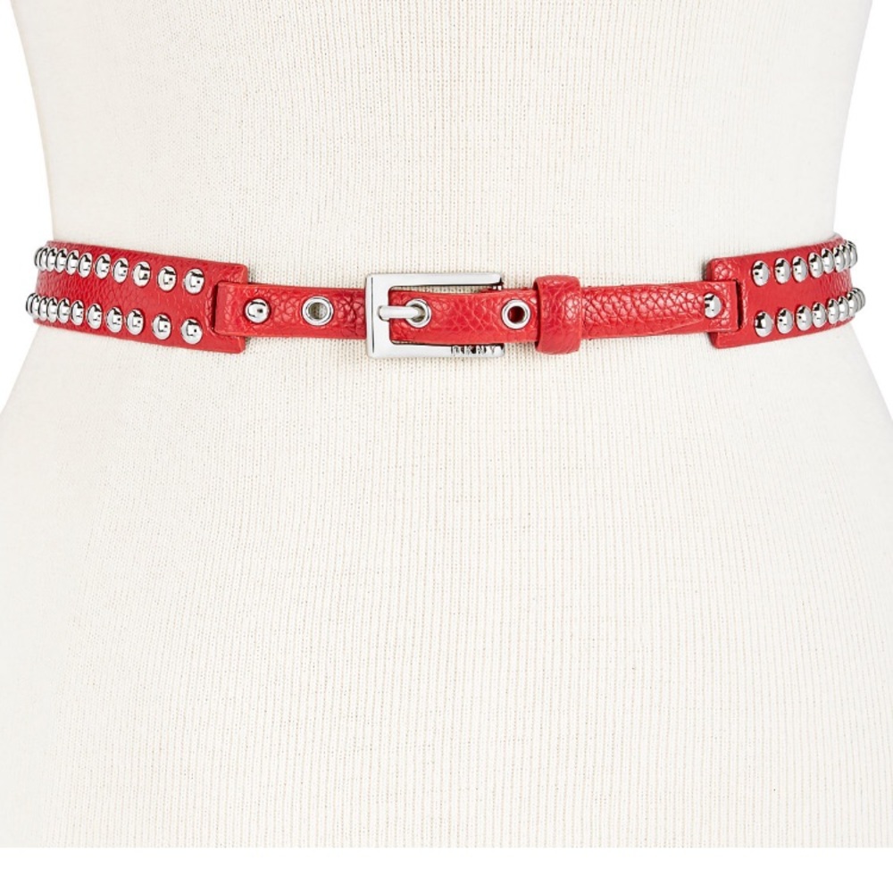 DKNY red leather dome studded belt XL 38” NWT